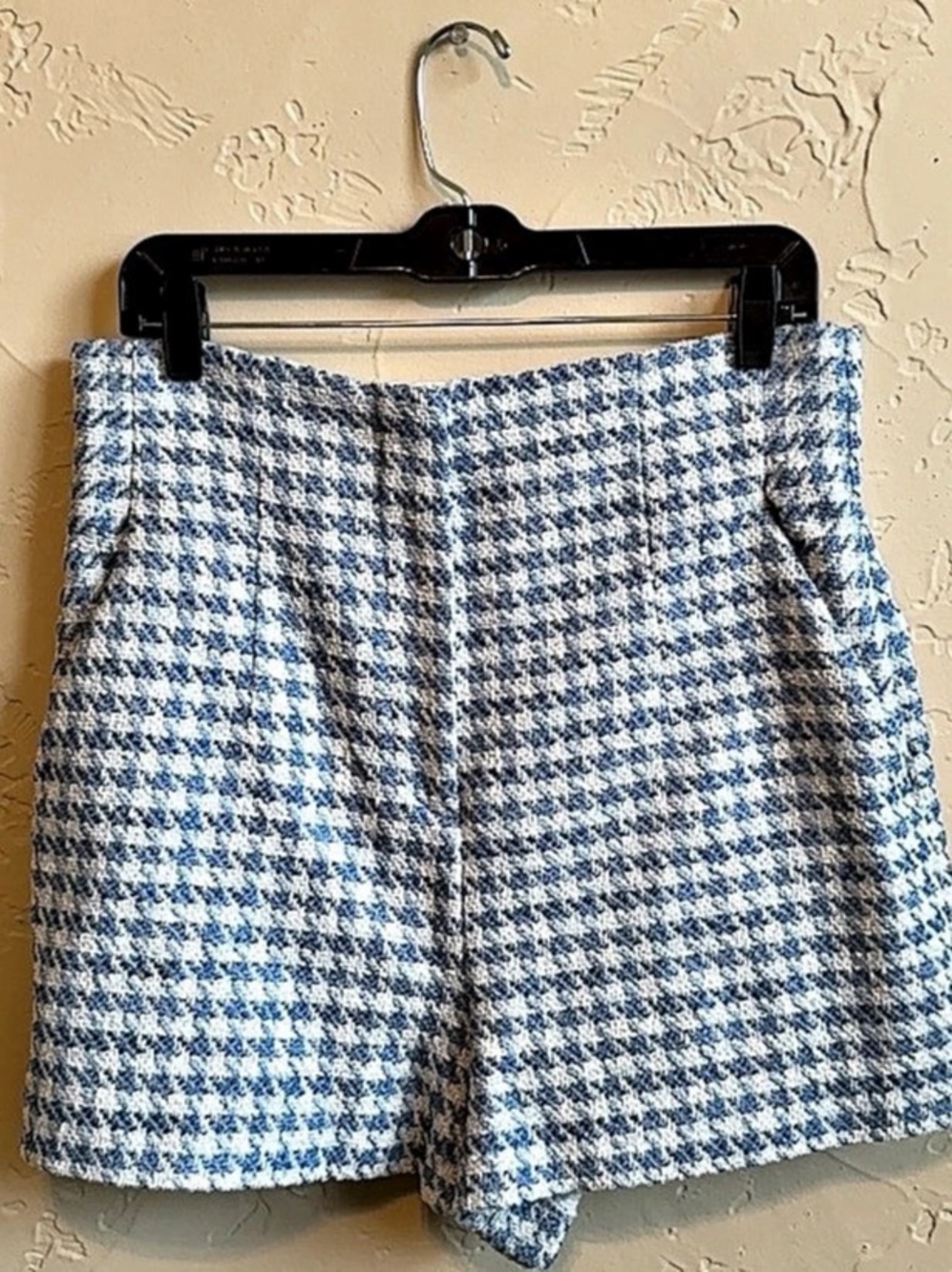 Zara Houndstooth High-Waist Shorts in Blue & White Size XL